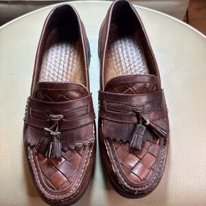 Vintage 90s Brown Hush Puppies Lancer Woven Leather Tassel Loafers 11